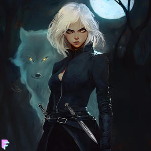 May include: Digital art of a woman with white hair and yellow eyes, wearing a black outfit and carrying two swords. A ghostly wolf with glowing yellow eyes is behind her, with a full moon in the background.