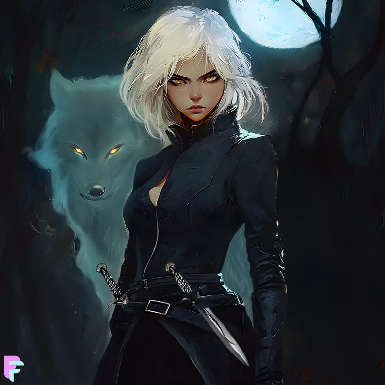 May include: Digital art of a woman with white hair and yellow eyes, wearing a black outfit and carrying two swords. A ghostly wolf with glowing yellow eyes is behind her, with a full moon in the background.