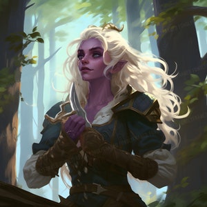 Custom portrait of a purple-skinned elven character with white hair and a dagger. Fantasy character commission, RPG campaigns, digital fantasy art, elven character, detailed forest-themed illustrations, custom character artwork, digital design
