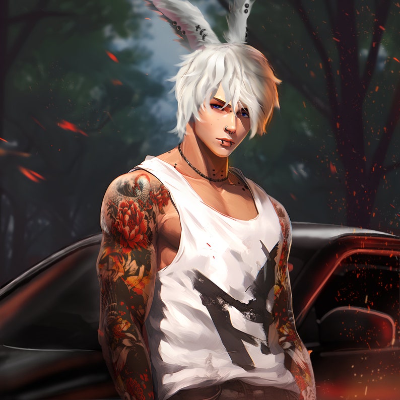 Custom FFXIV portrait of a Viera character with white hair, tattoos, and bunny ears standing beside a racecar. Fantasy character commission, MMORPG digital art, Viera character design, detailed automotive-illustrations, custom artwork, FFXIV art