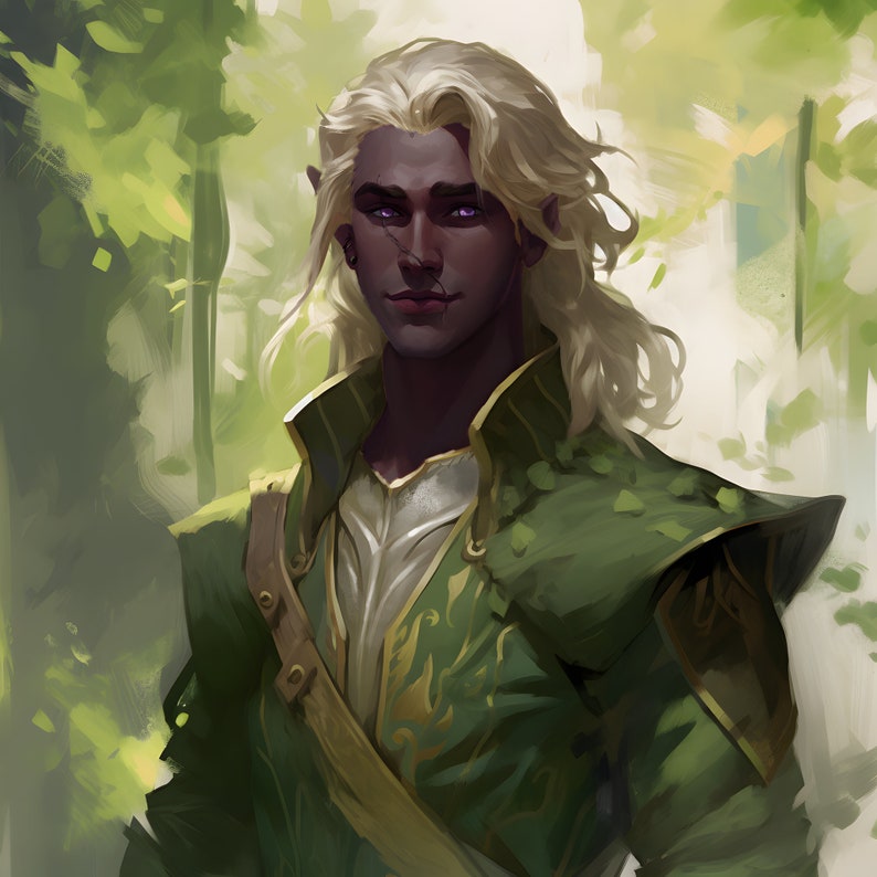 Custom portrait of a dark elf with flowing white hair, wearing ornate armor in a serene forest. Perfect for personalized fantasy character commissions, role-playing games, and creative storytelling. Ideal for visualizing unique character design
