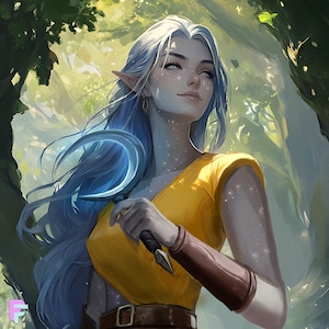 Fantasy D&D character art of a graceful elf with long blue hair, pointed ears, and freckled skin. Wearing a yellow tunic and wielding a curved dagger, set in a sunlit forest. Perfect for tabletop RPG campaigns, or custom commissions