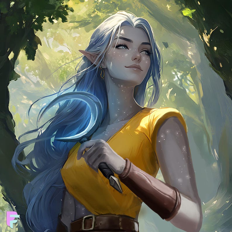 Fantasy D&D character art of a graceful elf with long blue hair, pointed ears, and freckled skin. Wearing a yellow tunic and wielding a curved dagger, set in a sunlit forest. Perfect for tabletop RPG campaigns, or custom commissions