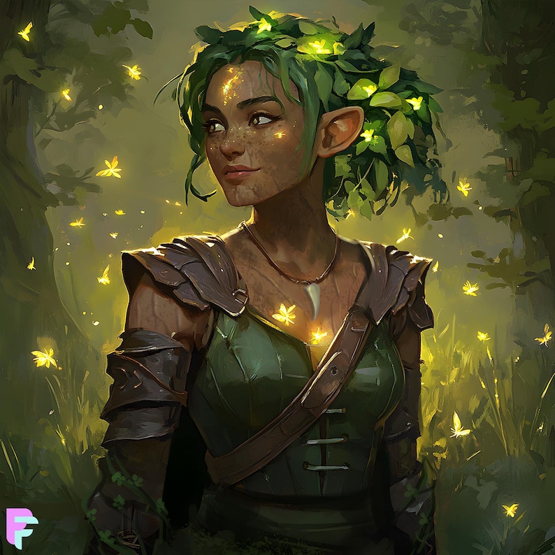 A stunning fantasy portrait of a nature-inspired elf druid, adorned with glowing leaves and surrounded by mystical fireflies in an enchanted forest. Perfect for Dungeons & Dragons players, RPG enthusiasts, and fantasy authors looking for custom character artwork. High-detail digital painting, ideal for commissions, storytelling, or fantasy-themed decor. Capture your RPG hero's essence with this breathtaking custom illustration.