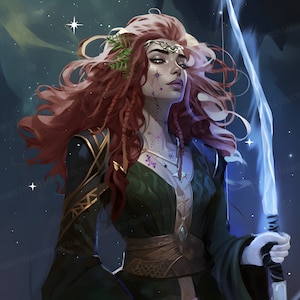 Custom portrait of a red-haired sorceress with facial markings, holding a glowing staff. Fantasy character commission, RPG campaigns, fantasy art, sorceress character design, detailed magical illustrations, custom character artwork digital design