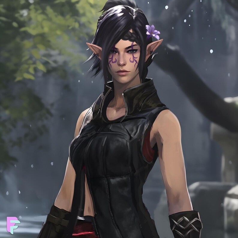 "Fantasy D&D character art of a dark elf rogue with violet hair, red glowing eyes, and intricate facial markings. Dressed in sleek black armor with a purple flower in her hair, set in a ruined forest backdrop