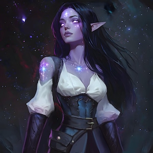 Elevate your decor with this celestial elf sorceress fantasy print from FondlyFramed. This stunning artwork boasts luminous starry details, magical purple hues, and enchanting elf features—perfect for fantasy art collectors, DnD fans, and mystical home decor. Printed on premium archival paper for long-lasting vibrancy. Invite cosmic charm into your space; order your celestial enchantress today from FondlyFramed!