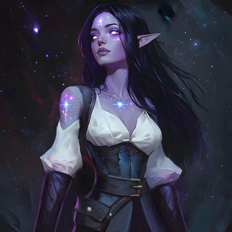 Elevate your decor with this celestial elf sorceress fantasy print from FondlyFramed. This stunning artwork boasts luminous starry details, magical purple hues, and enchanting elf features—perfect for fantasy art collectors, DnD fans, and mystical home decor. Printed on premium archival paper for long-lasting vibrancy. Invite cosmic charm into your space; order your celestial enchantress today from FondlyFramed!