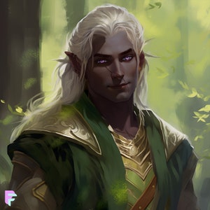 Custom portrait of a dark elf with flowing white hair, wearing ornate armor in a serene forest. Perfect for personalized fantasy character commissions, role-playing games, and creative storytelling. Ideal for visualizing unique character design