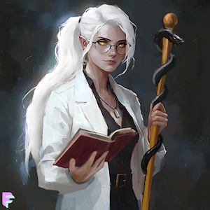 May include: Digital art of a person with white hair in a ponytail, wearing glasses, a white lab coat, and a black top. They hold a red book and a staff with a black snake wrapped around it. The background is dark.
