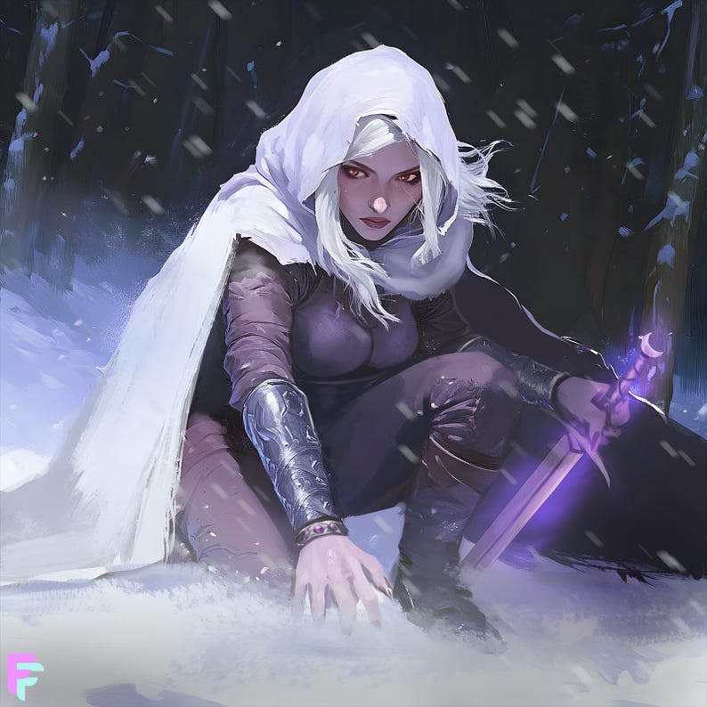 May include: Digital art of a person in a snowy forest, wearing a white hooded cloak and purple outfit. The person is kneeling in the snow, holding a glowing purple sword. The character has white hair and red eyes.