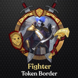 May include: Illustration of a fantasy character within a gold-trimmed frame, featuring a lion shield and crossed swords. The character has blue hair, red eyes, and is holding a curved blade. Text at the bottom reads "Fighter Token Border."