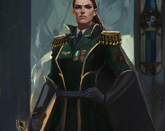 Puede incluir: Ilustración de una persona con uniforme militar verde oscuro con detalles dorados, charreteras y medallas. La persona tiene una expresión seria, cabello oscuro recogido y sostiene una espada. Una capa negra está sobre los hombros.