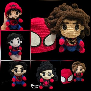 May include: Three crocheted plush toys of Spider-Man characters. One is wearing a red and blue suit with a black spider symbol. Another is wearing a red and blue suit with a gold chain necklace. The third is wearing a red and blue suit with a black spider symbol and a red hat.