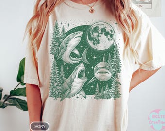 Comfort Colors Three Shark Moon Shirt White Shark Gift Retro Vintage 90s Graphic Meme T-Shirt Shark Howling To Moon Wildlife Y2K Top
