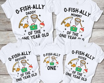May include: White t-shirts and a onesie with a fishing theme. Each shirt has the text "O-FISH-ALLY" and a family member title, plus "OF THE ONE YEAR OLD". The onesie says "ONE". Fishing rod, fish, tackle box, and bobber graphics.