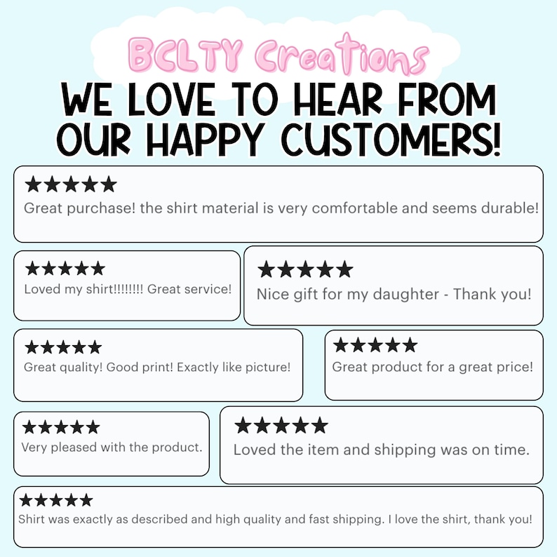 May include: A collage of customer reviews for a clothing shop. The reviews are all positive and include five-star ratings. The reviews highlight the quality of the shirts, the comfort of the material, and the fast shipping.