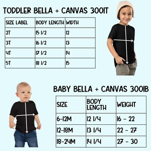 May include: Size chart for Toddler Bella and Baby Bella t-shirts made with Canvas 300IT fabric. The chart shows sizes, body length, width, and weight in inches.