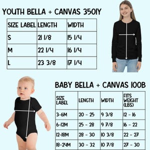 May include: Size chart for youth and baby Bella + Canvas t-shirts. The chart shows the size label, length in inches, width in inches, and the weight the shirt fits in pounds. The chart is divided into two sections: Youth Bella + Canvas 350IY and Baby Bella + Canvas 100B.