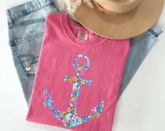 Preppy Summer Floral Anchor Comfort Colors Shirt Cruise Shirts Trendy Beach T-Shirt Summer Vacation Tee Vacay Shirt Beachy Flower Tee