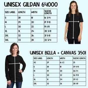May include: Size chart for unisex Gildan 64000 and Bella + Canvas 3501 t-shirts. The chart shows the size label, length, width, and sleeve length in inches for each size. The chart is displayed on a light blue background.