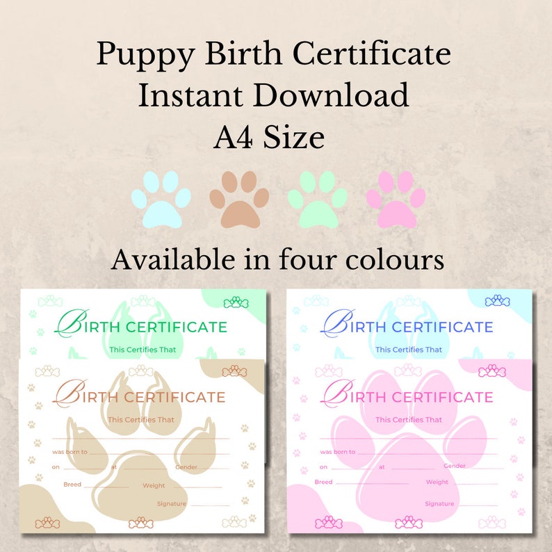 Four Colours Puppy Birth Certificate Printable, Dog Birth Certificate ...