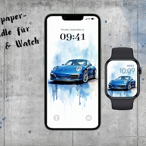 Sfondo per iPhone di Apple | Quadrante dell'Apple Watch | Pacchetto carta da parati | Telefono con sfondo Porsche | Acquerello blu | Sfondi per orologi Apple