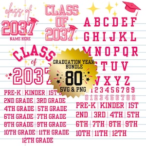 Paquete del año de graduación / PNG /SVG / Clase de 2037 / Regreso a la escuela PNG / Grado K-12 / Carta de Jersey / Archivo de corte png imprimible Svg Cricut
