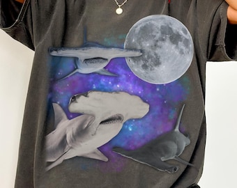 Comfort Colors, Hammerhead Sharks Retro Shark Moon Tshirt, 90s Vintage T-Shirt, Ocean Lover Grunge Sea Animals Top, Oversized Sea Life Shirt