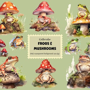 41 PNG Watercolor Frog and Mushrooms, Watercolor Frog and Toad, Mushroom PNG, Magic Mushroom, Fantasy Clip Art, Bundle for Commercial Use