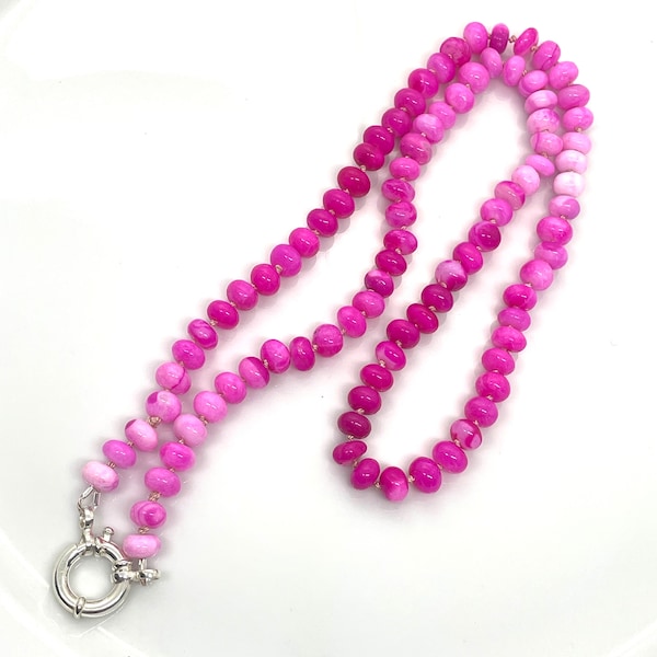 Vibrant Hot Pink Opals Hand Knotted On Soft Pink 100% Silk Cord And 925 Sterling Silver Mariners Clasp Shaded Ombré Candy Necklace Gemmy