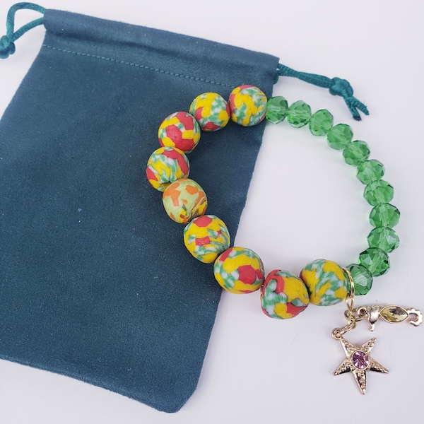 Green crystals and African bead bracelet, Ghana Beads, Krobo Beads, Rondelle, stretchy bead Bracelet For Him, For Her Bracelet
