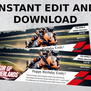 Entradas de Moto GP personalizables para el Gran Premio de los Países Bajos / Regalo sorpresa personalizado para carreras / Entradas para eventos de Moto GP personalizadas e imprimibles