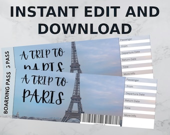 May include: Two boarding passes with the text "A Trip to Paris" and an image of the Eiffel Tower. The passes have fields for passenger information. The words "Instant Edit and Download" are at the top.