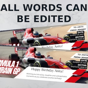 Customizable Formula 1 Gift Ticket - Instant PDF Download for a Unique Surprise Gift, Souvenir, or Keepsake
