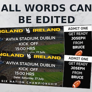 PERSONALIZED Rugby Ticket Sport spezielles Geschenk Geschenkgutschein Weihnachtsgeschenk-Karte Sporting Game Pass Memorabilia Souvenir-Karte