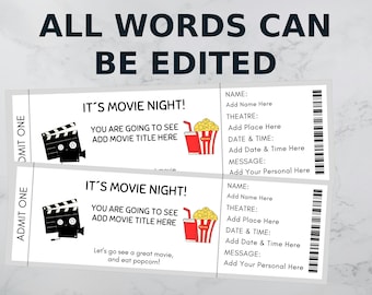 Printable MOVIE Gift Tickets. Cinema Themed Gift Reveal Ticket. Printable Boarding Pass. Instant Download. Movie Ticket Birthday Party.