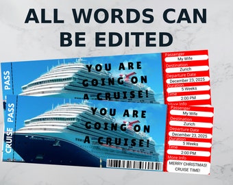 May include: Two cruise pass tickets featuring a cruise ship and the words "YOU ARE GOING ON A CRUISE!". The tickets display details including destination Zurich, departure date December 23, 2025, and a 5-week duration.