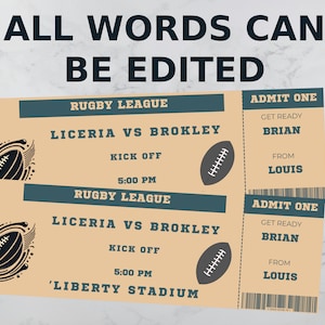 PERSONALISED Rugby Ticket Sports Special Present Gift Voucher Gift Ticket Sporting Game Pass Memorabilia Souvenir Ticket