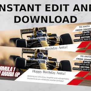 Customizable Formula 1 Gift Ticket - Instant PDF Download for a Unique Surprise Gift, Souvenir, or Keepsake