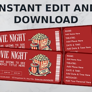 Printable MOVIE Gift Tickets. Cinema Themed Gift Reveal Ticket. Printable Boarding Pass. Instant Download. Movie Ticket Birthday Party.