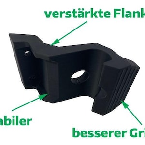 Könnte beinhalten: Eine schwarze, mattierte, winklige Halterung mit einer zentralen kreisförmigen Öffnung und einem texturierten, gerippten Seitenteil. Grüne Pfeile zeigen auf spezifische Bereiche mit den Textbeschriftungen: verstärkte Flanken, stabiler und besserer Grip.