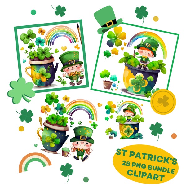 Cute St Patricks Day Clipart, DIGITAL Download, Watercolor Leprechaun, 4 Leaf Clover, Rainbow Pot of Gold, Irish Commercial Use PNG