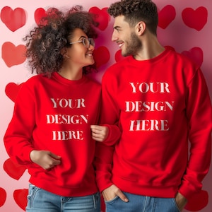 Red Sweatshirt Couple Mockup: Valentine&#39;s Day Gildan 18000 (JPG Download)