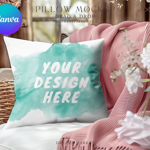 Mother Day Pillow Canva Drag and Drop Pillow Mockup Custom Designs Transparent PNG Files for Canva Pink Cushion Mockup Flowers Pillow Mockup