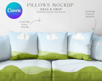 Canva Drag and Drop Pillows Mockup, Customizable Template Custom Couch and Walls, Add Your Own Designs and Colors Drag and Drop Mockup