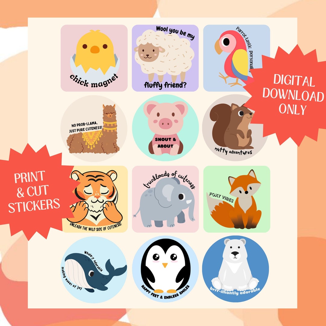 Printable Animal Stickers Cute Animal Stickers Printable Etsy