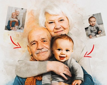 Personalisiertes Aquarell Familienportrait aus Fotos, Verstorbenen geliebte Person zum Foto hinzufügen, jemanden zum Foto hinzufügen, Weihnachtsgeschenk - DIGITAL