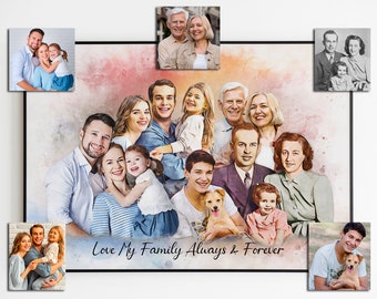 Custom Family Watercolor Portrait – Generations Together in One Painting from merging multiple photos, Ancestry Portrait, deceased loved one