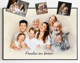Benutzerdefiniertes Aquarell-Familienportrait aus verschmelzenden Fotos, personalisierte Jubiläumsgeschenke, Verstorbenenportrait, Großelterngeschenke, Geburtstagsgeschenke